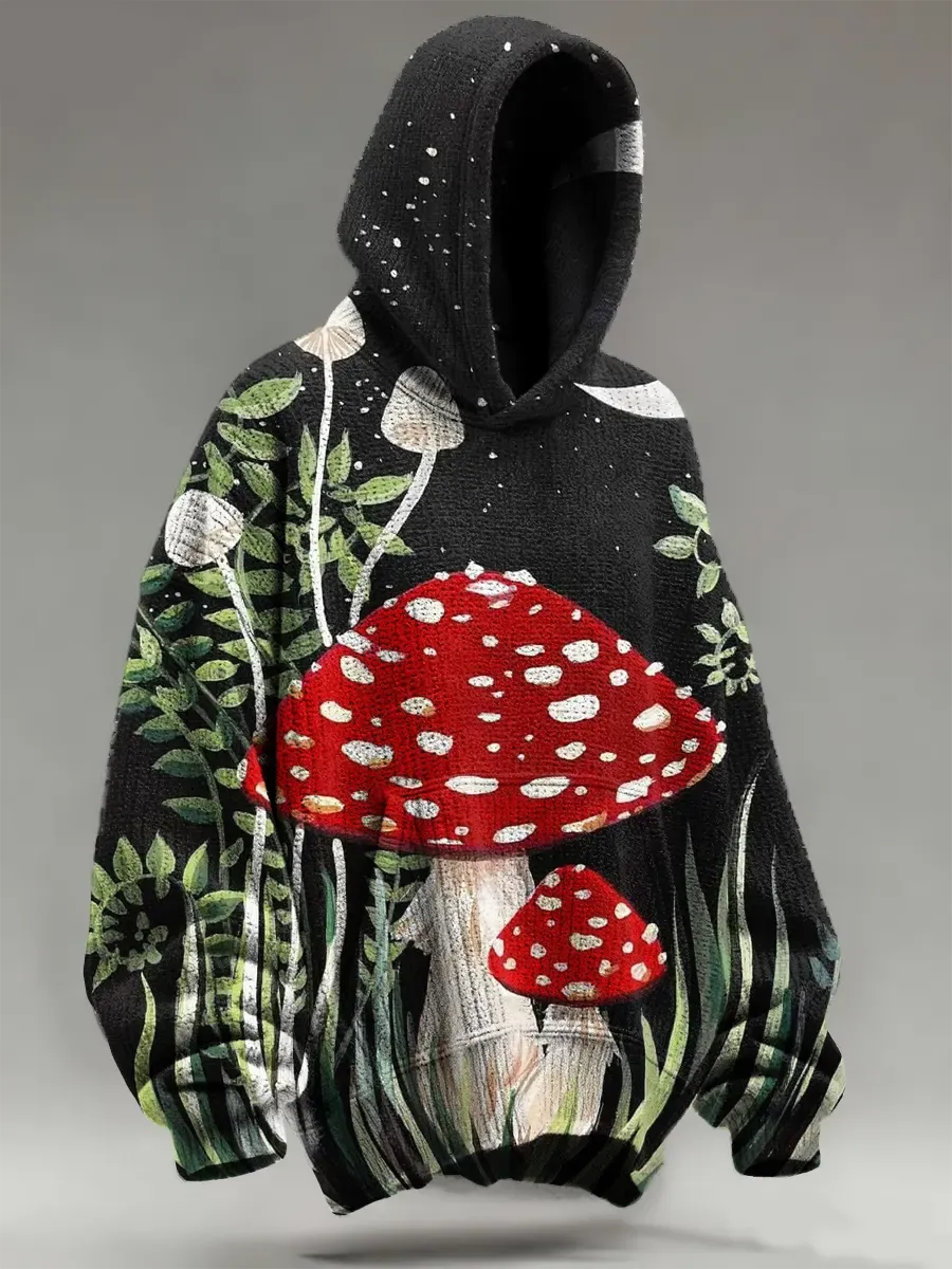 Retro Multicolored Mushrooms Art Print Knit Pullover Hooded Sweater