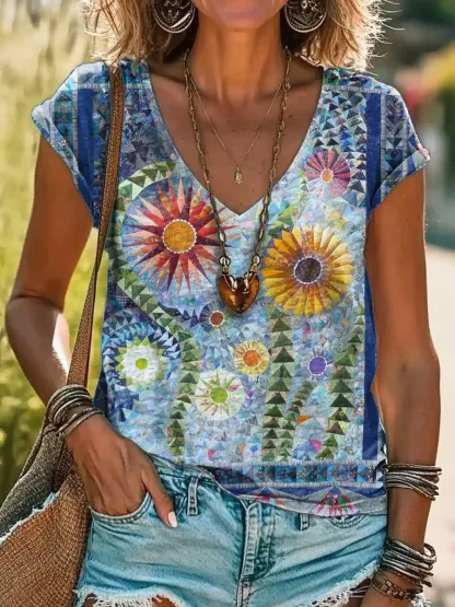 Women's Vintage Bohemian Floral Art Print Casual Cotton Linen Shirt