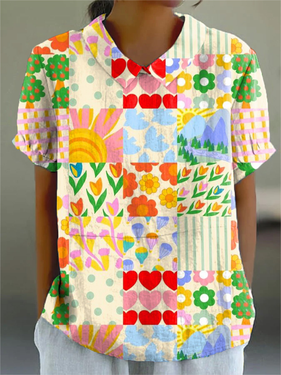 Women's Colourful Art Flowers Print Casual Cotton And Linen Shirt