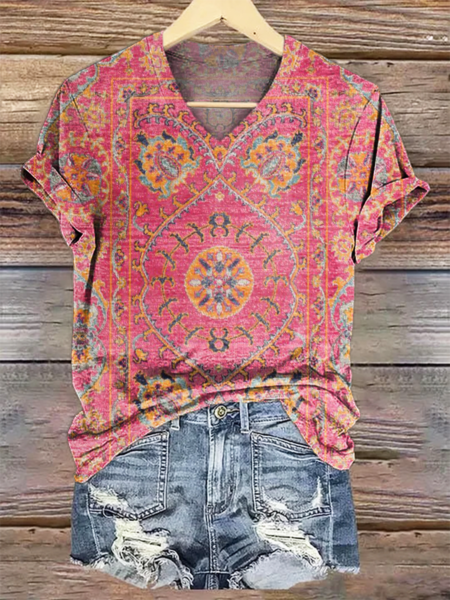 Women's Colorful Retro Totem Art Print V-neck Casual T-Shirt