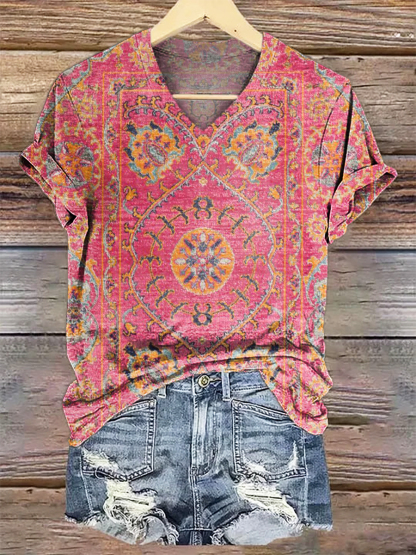 Women's Colorful Retro Totem Art Print V-neck Casual T-Shirt
