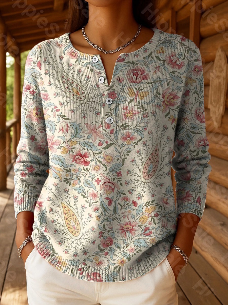 Women's Vintage National Flower Purple Art Print Buttoned Cardigan Sweater