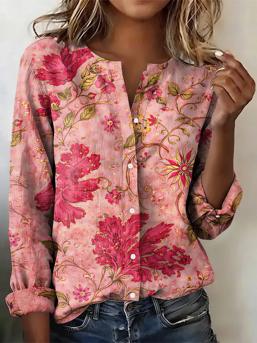 Women's Casual Fashion Retro Multicolor Floral Print Cotton Shirt