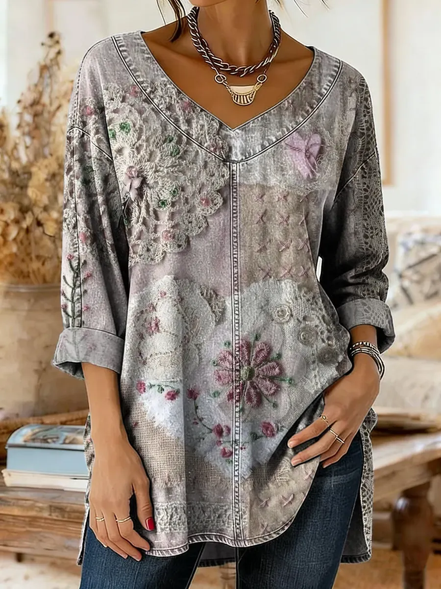 Women's Vintage Floral Heart Print Artistic Washed Denim Cotton Top