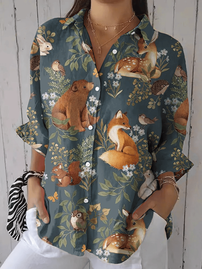 Women's Forest Animal Print Casual Lapel Shirt