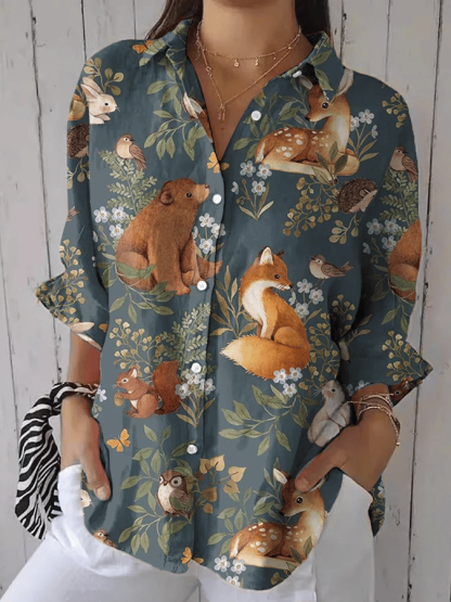 Women's Forest Animal Print Casual Lapel Shirt
