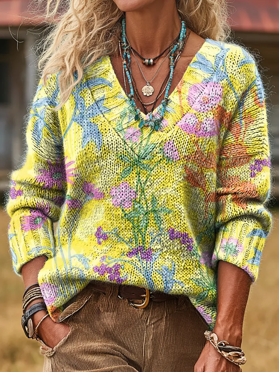 Unisex Colorful Floral Art Print Casual Long-sleeved V-neck Wool Blend