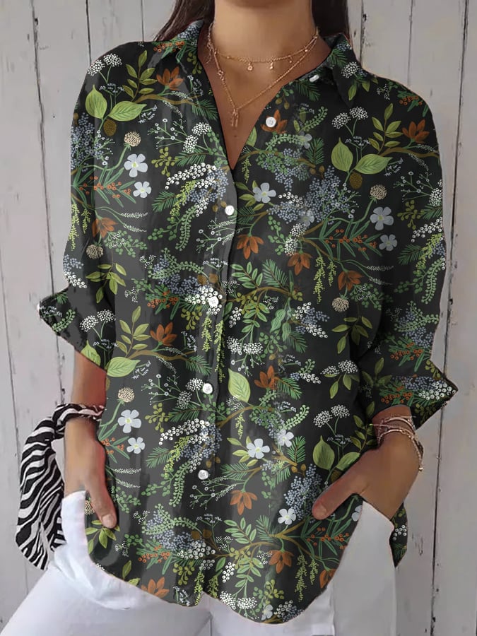 Women's Casual Forest Trees Floral Print Blouse