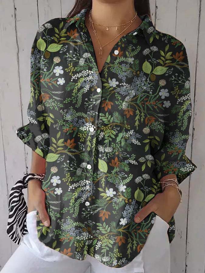Women's Casual Forest Trees Floral Print Blouse