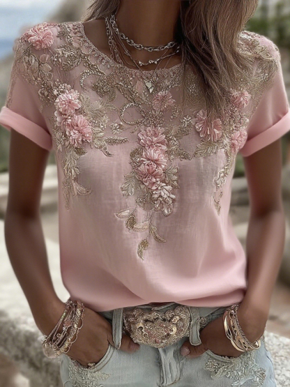 Women's Vintage Pink Rose Embroidery Art Round Neck Short Sleeve Linen Blend T-shirt