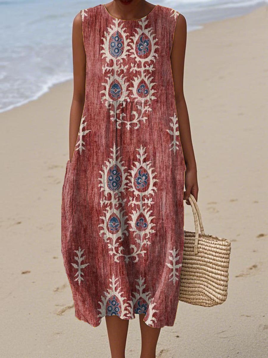 Women's Vintage Ethnic Pattern Art Print Sleeveless Cotton Pocket Wrap Dress