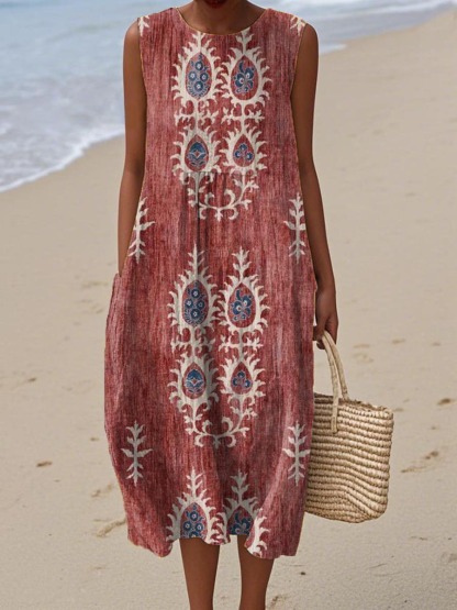 Women's Vintage Ethnic Pattern Art Print Sleeveless Cotton Pocket Wrap Dress