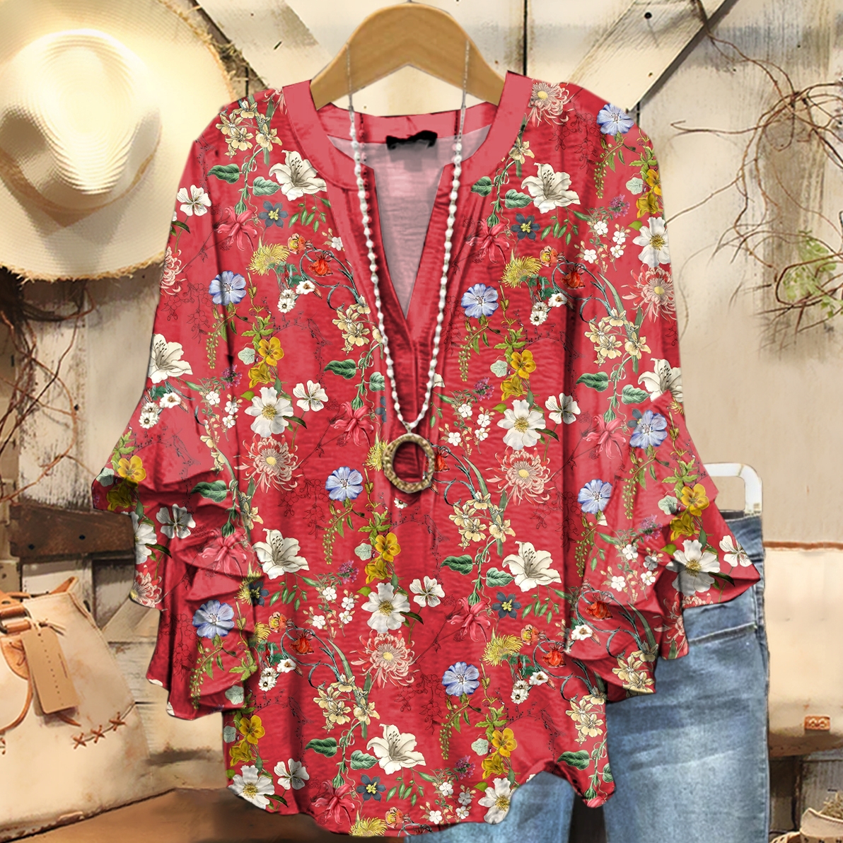 Women's Folk Floral Pattern Print Casual Ruffle Sleeve Top