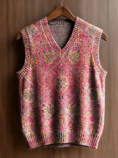 Women's Vintage Ethnic Pattern Art Print Casual V-neck Knit Top