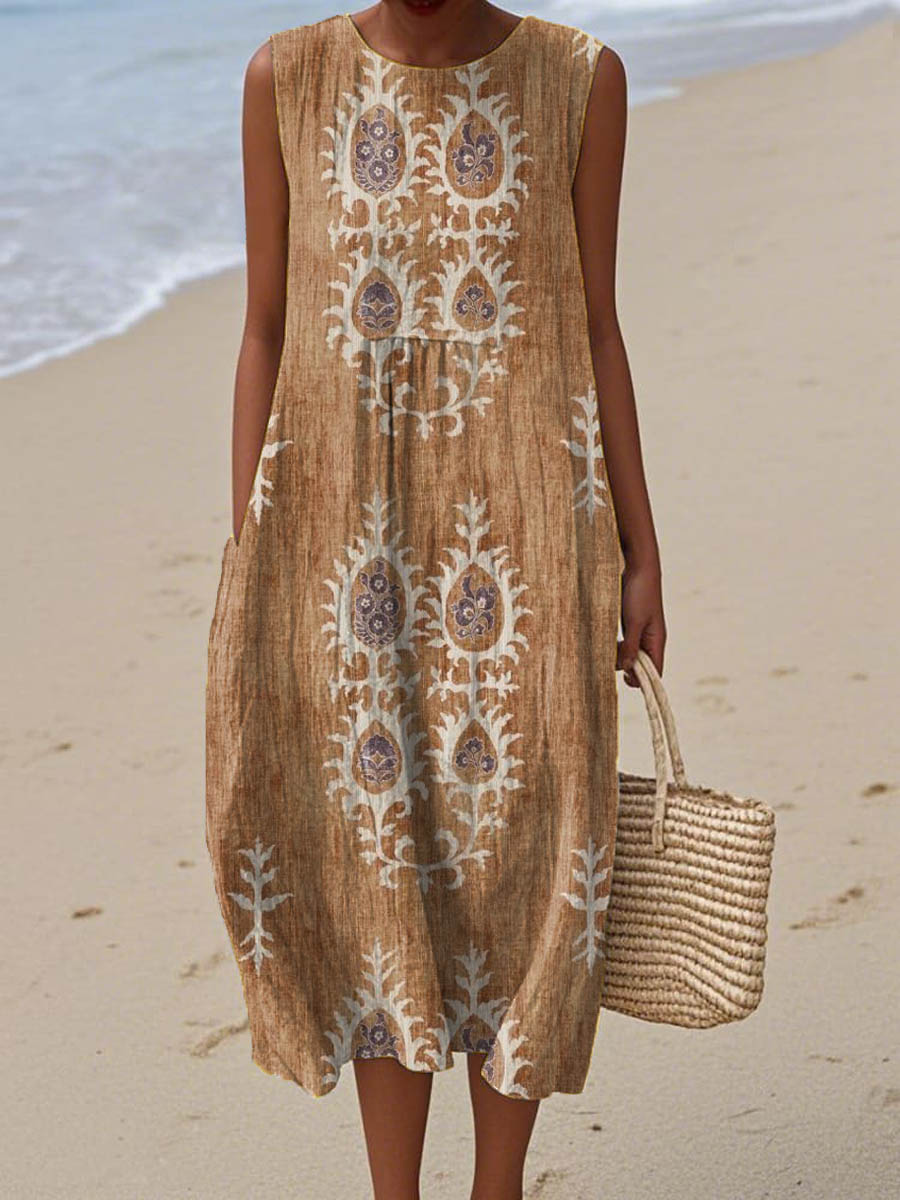 Women's Vintage Ethnic Pattern Art Print Sleeveless Cotton Pocket Wrap Dress