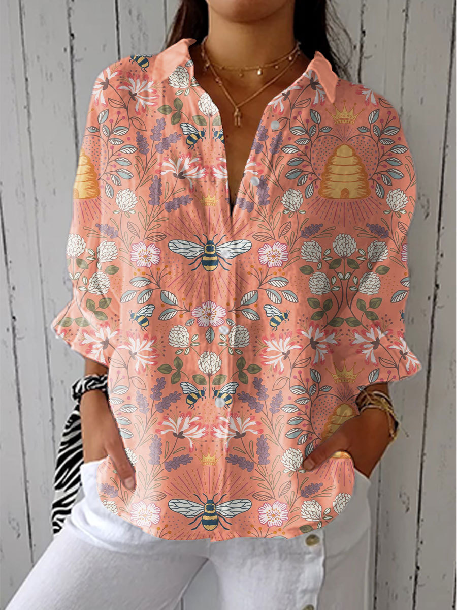Women's Vintage Bee Floral Art Print Casual Linen V-neck Shirt
