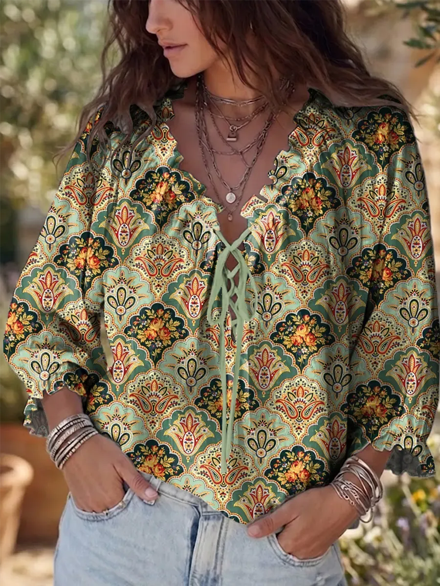 Ethnicity Shell-shaped Totem Flowers Women's Art Print Casual Three-quarter Sleeve Ruffle Drawstring Shirt