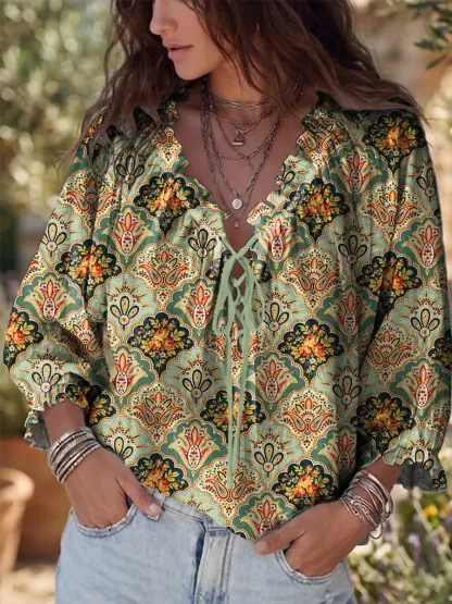 Ethnicity Shell-shaped Totem Flowers Women's Art Print Casual Three-quarter Sleeve Ruffle Drawstring Shirt