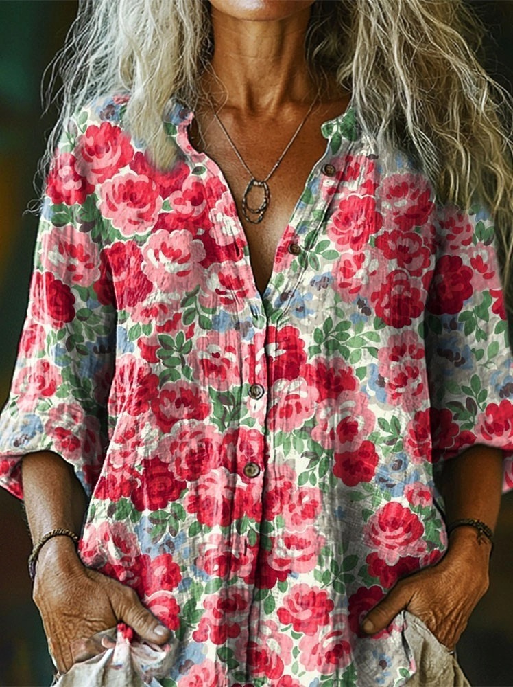Women's Ethnic Colorful Floral Pink Print Casual Cotton Linen Shirt