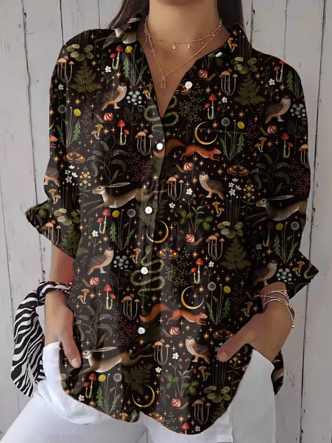 Women's Casual Retro Forest Animal Print Cotton And Linen Shirt(With Pockets)