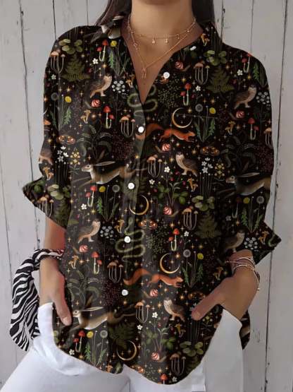 Women's Casual Retro Forest Animal Print Cotton And Linen Shirt(With Pockets)