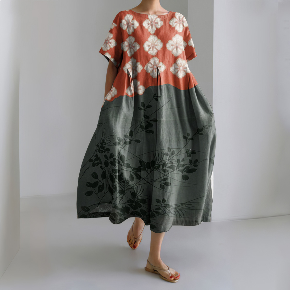 Japanese Art Flower Print Round Neck Short Sleeve Casual Midi Dress