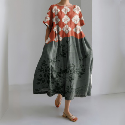 Japanese Art Flower Print Round Neck Short Sleeve Casual Midi Dress