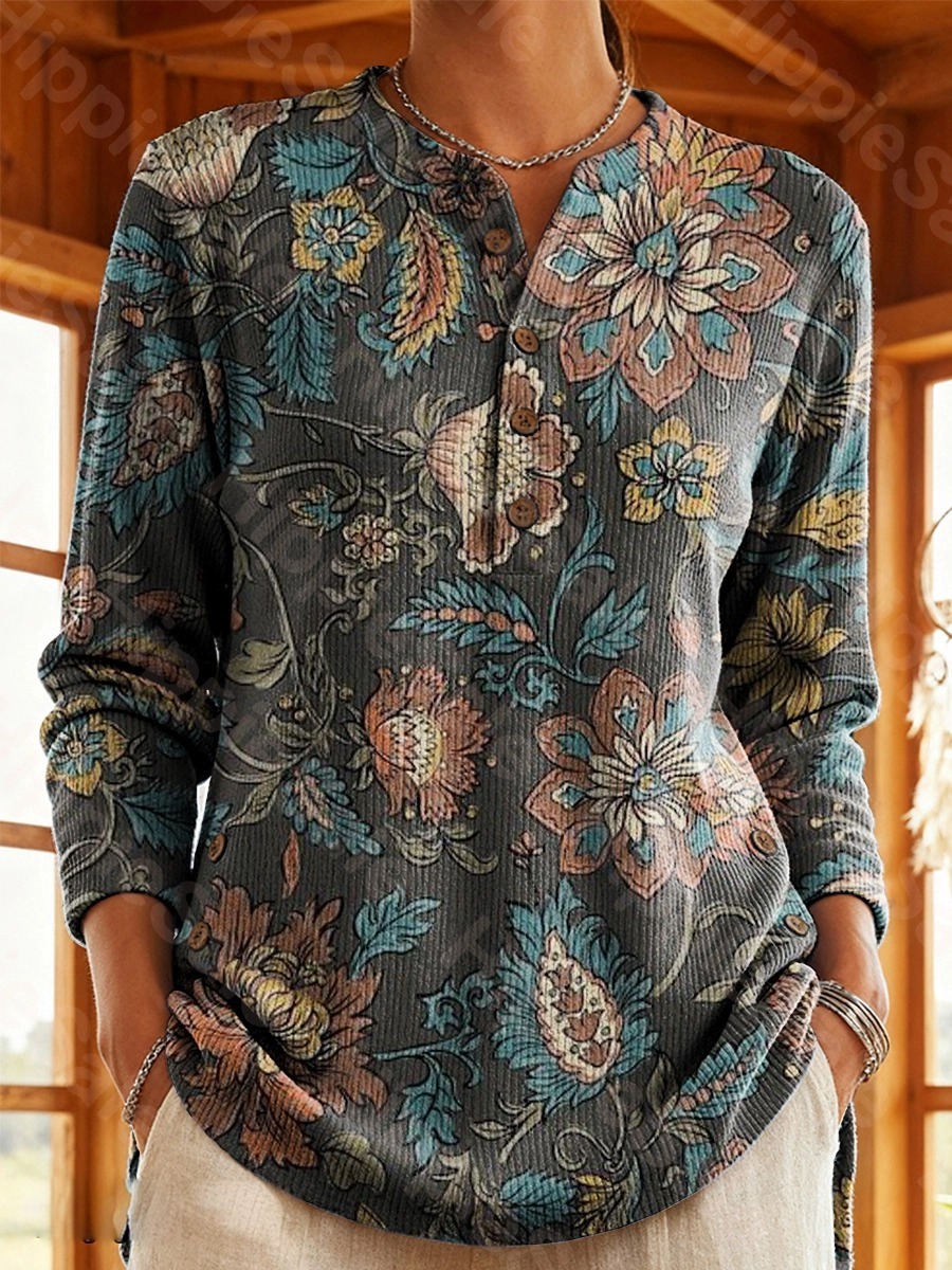 Women's Vintage Floral Art Print Casual Cotton Shirt