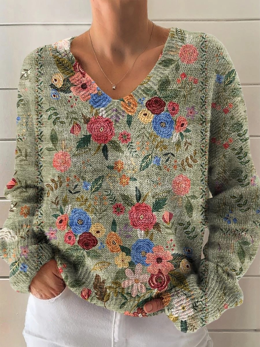 Women's Vintage Floral Pattern Artistic Print Casual V-Neck Knitted Sw