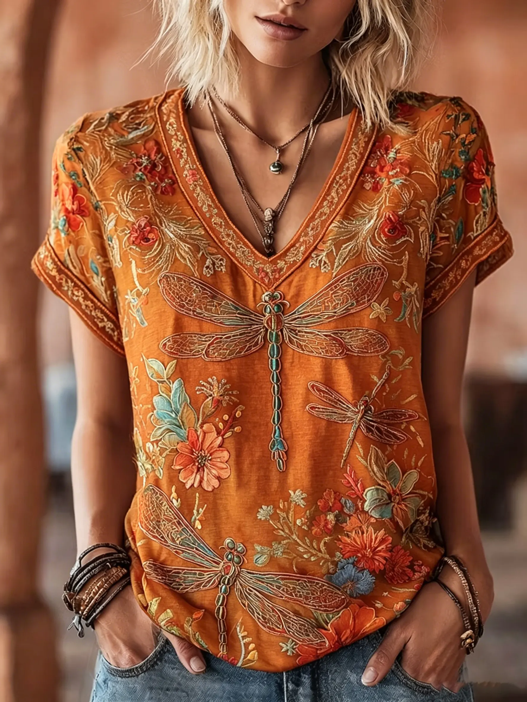 Women's Vintage Dragonfly Floral Print Cotton V-Neck Tee