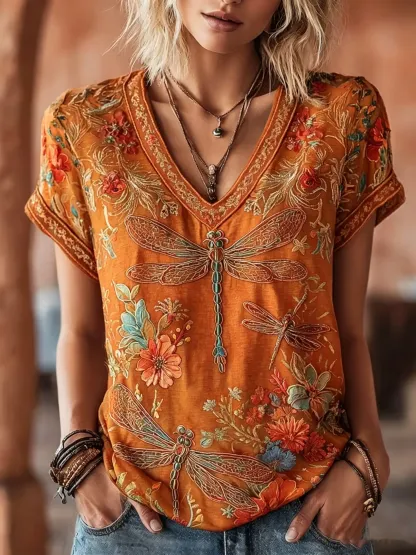 Women's Vintage Dragonfly Floral Print Cotton V-Neck Tee