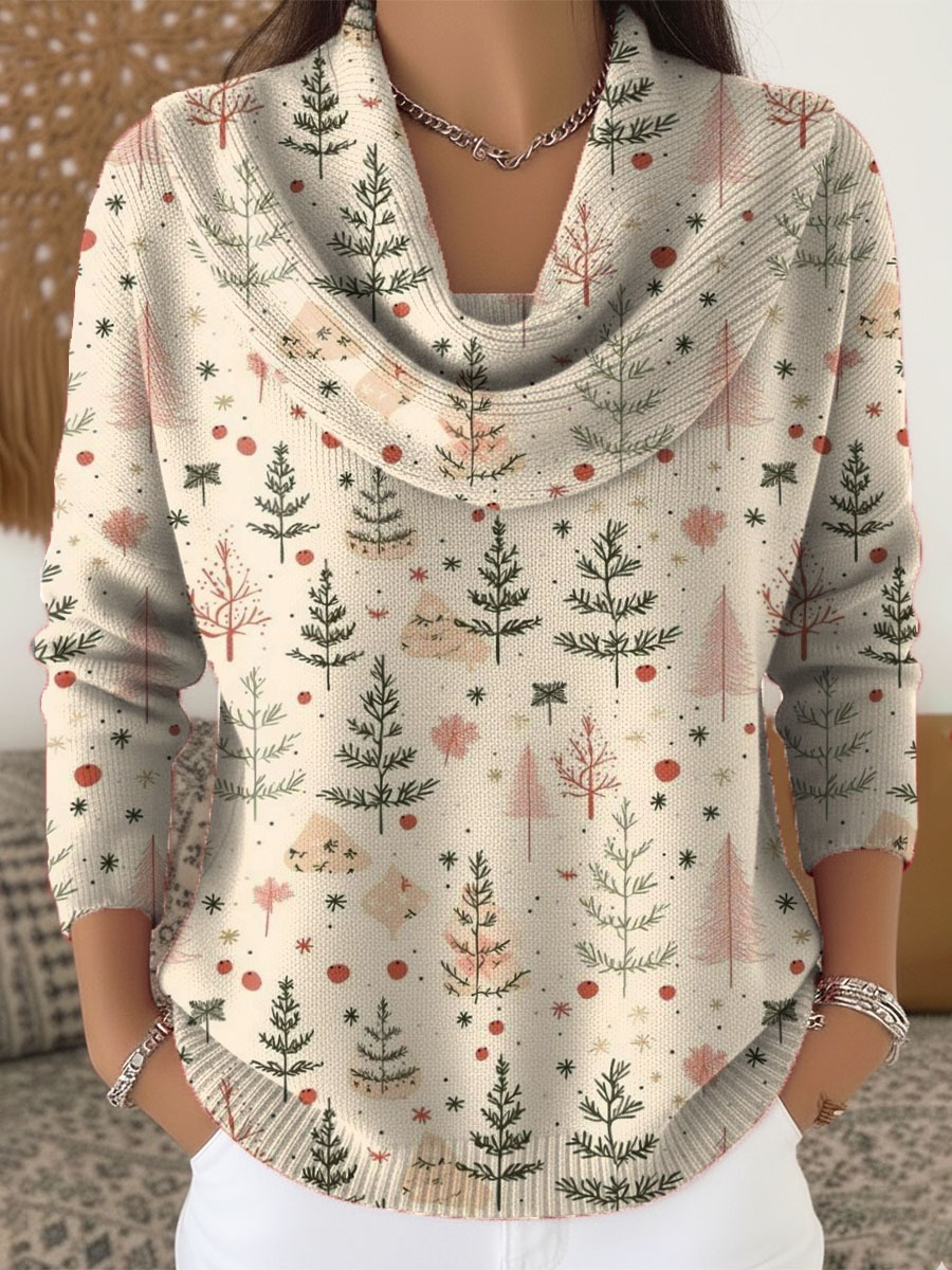 Women's Christmas Tree Art Print Buttoned Cardigan Sweater