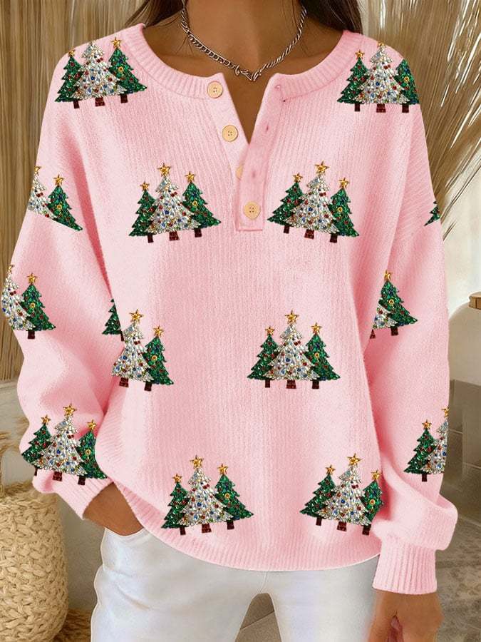 Women's Christmas Print Knit Button Top
