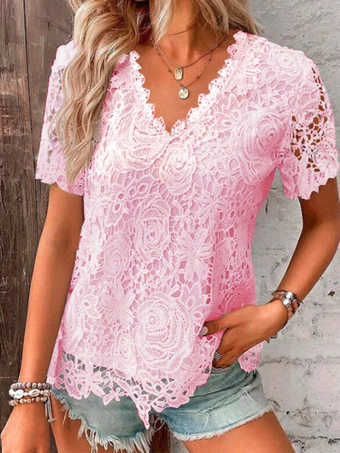 Women's Breast Cancer Pink V-Neck Elegant Lace Top Short Sleeve T-Shirt