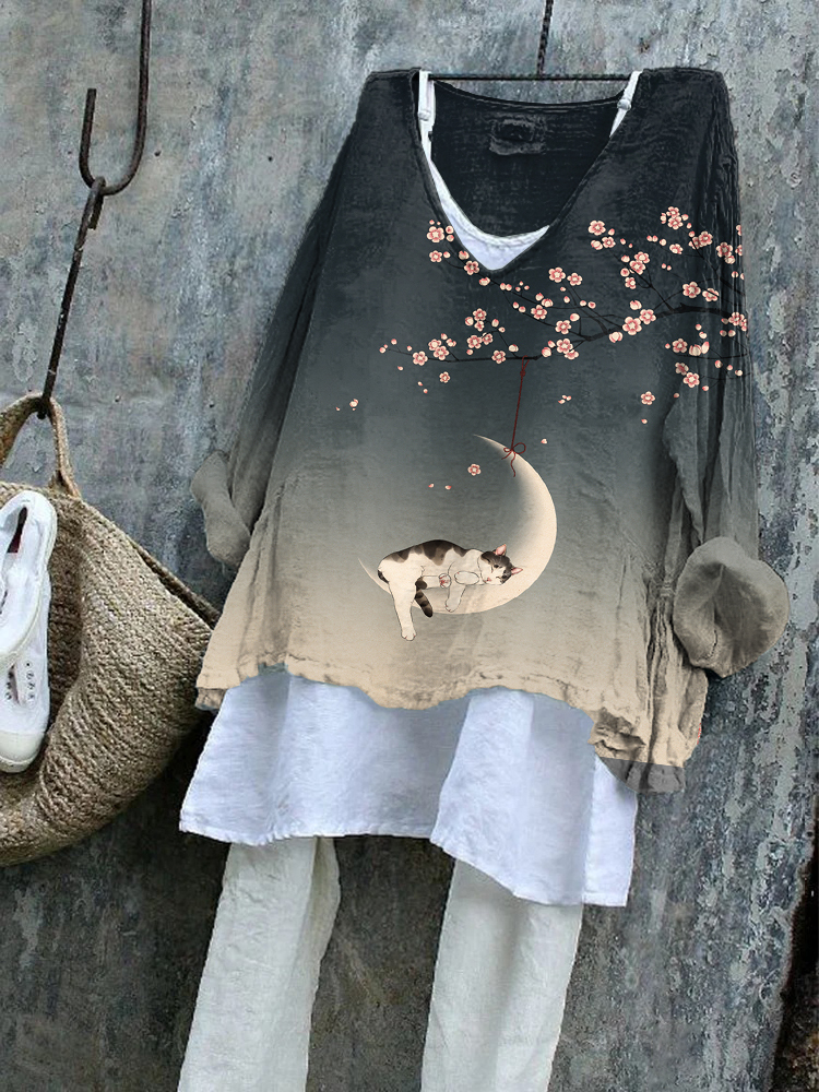 Cute Cat Japanese Art Pattern Cozy Flowy Tunic