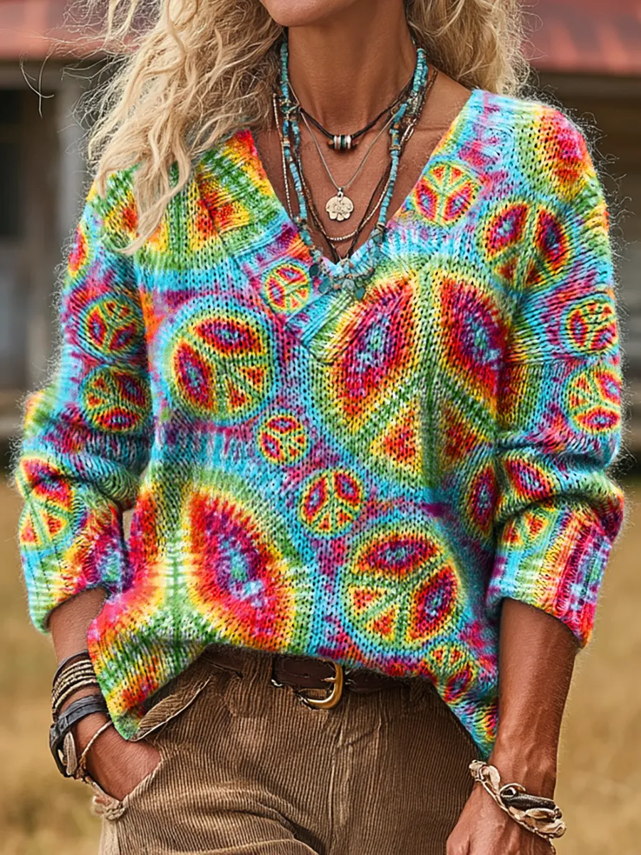 Unisex Colorful Peace Symbol Tie-Dye Art Print Casual Long-Sleeve V-Ne