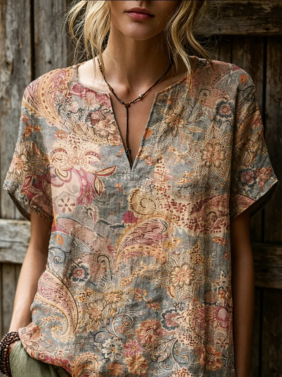 Women's Retro Bohemian Ethnic Art Print Casual Short-sleeve V-neck Cotton Linen Shirt