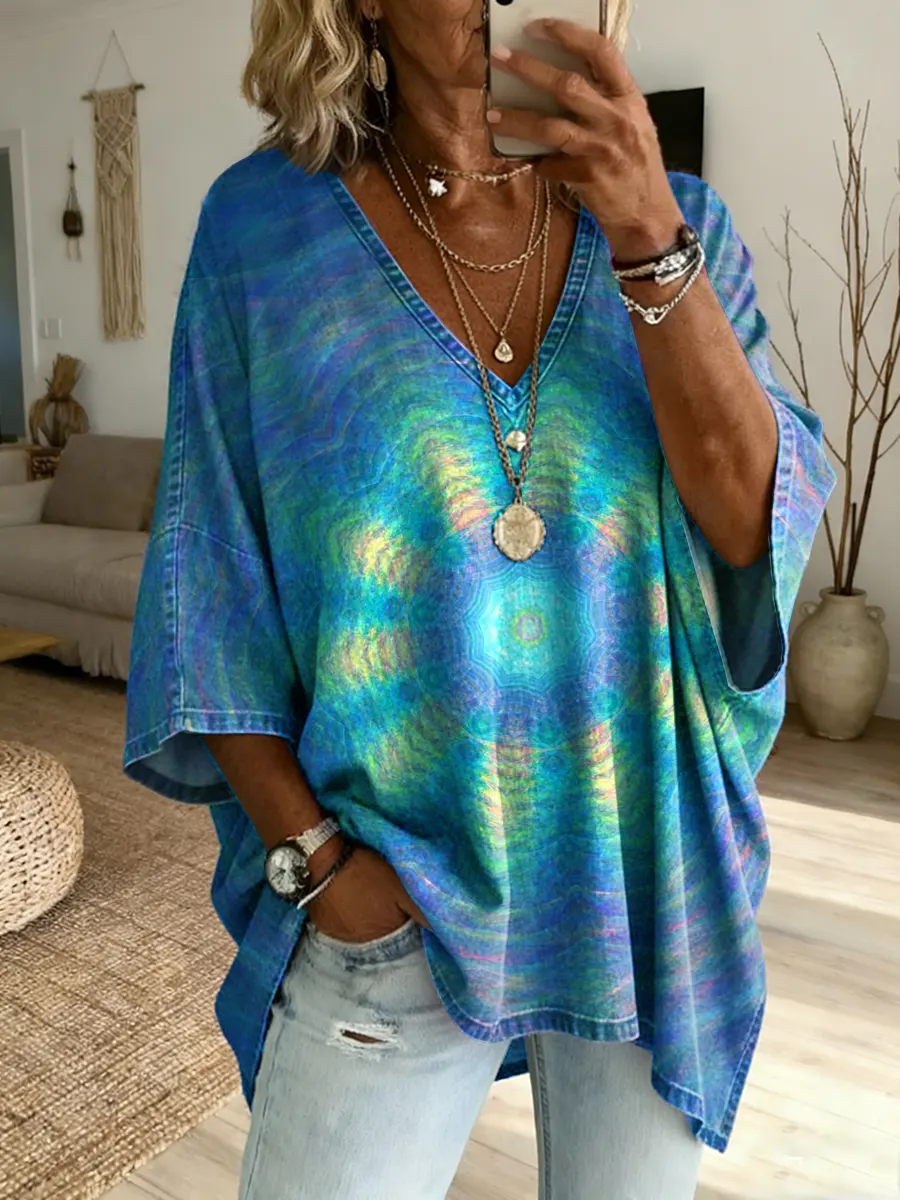 Ethnicity Kaleidoscope Purple Women's Art Print Casual Washed Cotton Denim Top