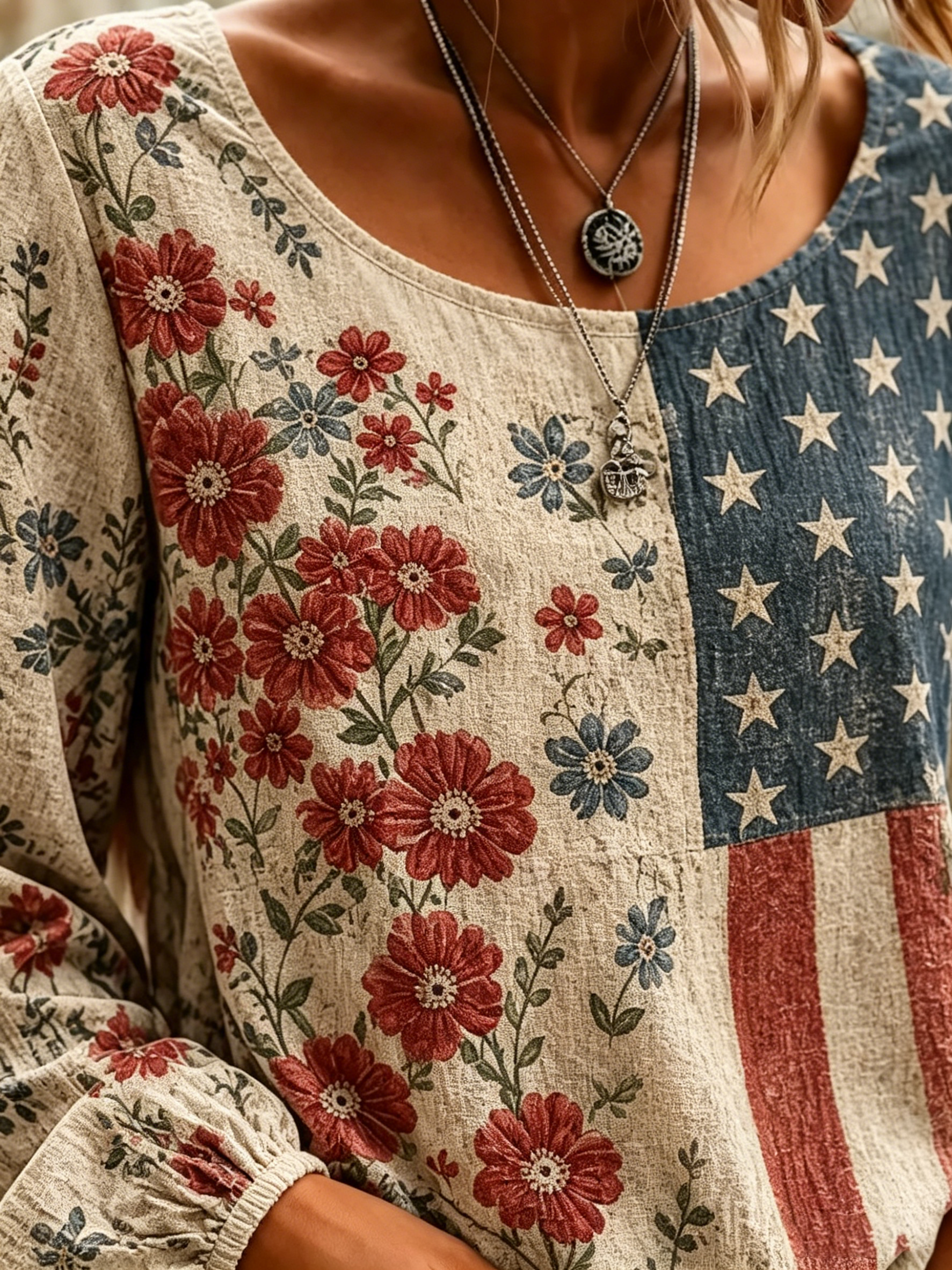 Women's Retro Flag And Floral Art Print Casual Long-sleeve Crew Neck Cotton Shirt