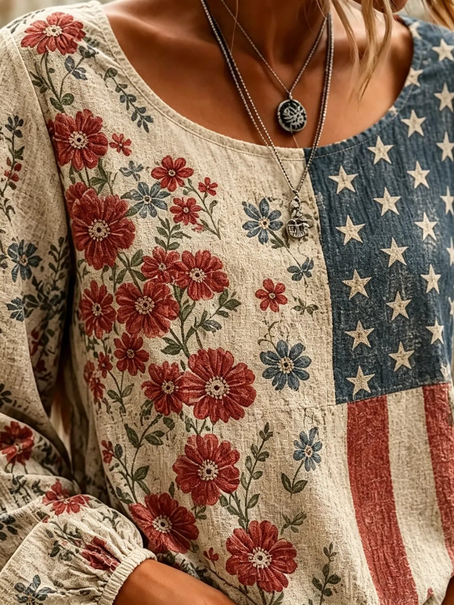 Women's Retro Flag And Floral Art Print Casual Long-sleeve Crew Neck Cotton Shirt