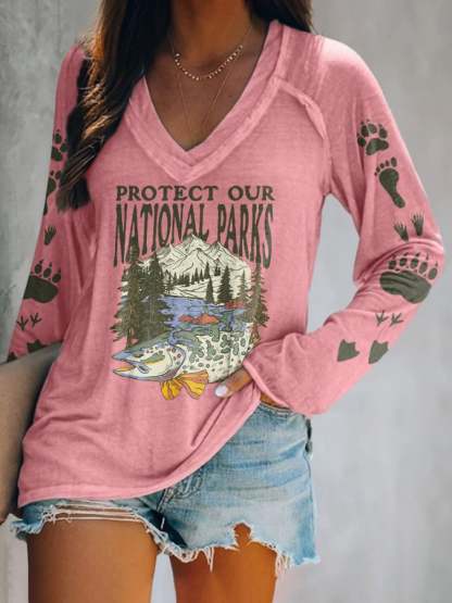 Women's Protect Our National Parks Print V Neck T-Shirt