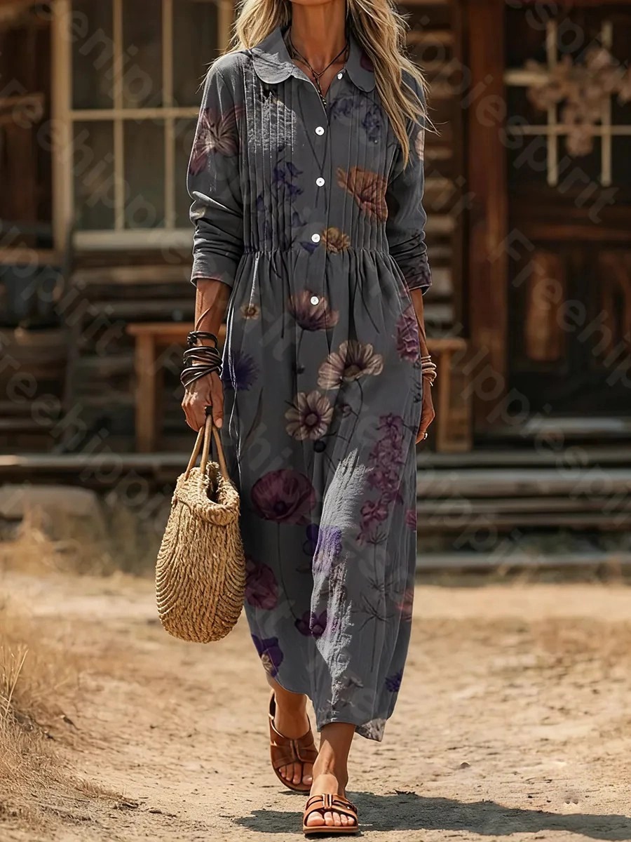 Women's Vintage Floral Art Print Casual Long-Sleeve Cotton-Linen Blend