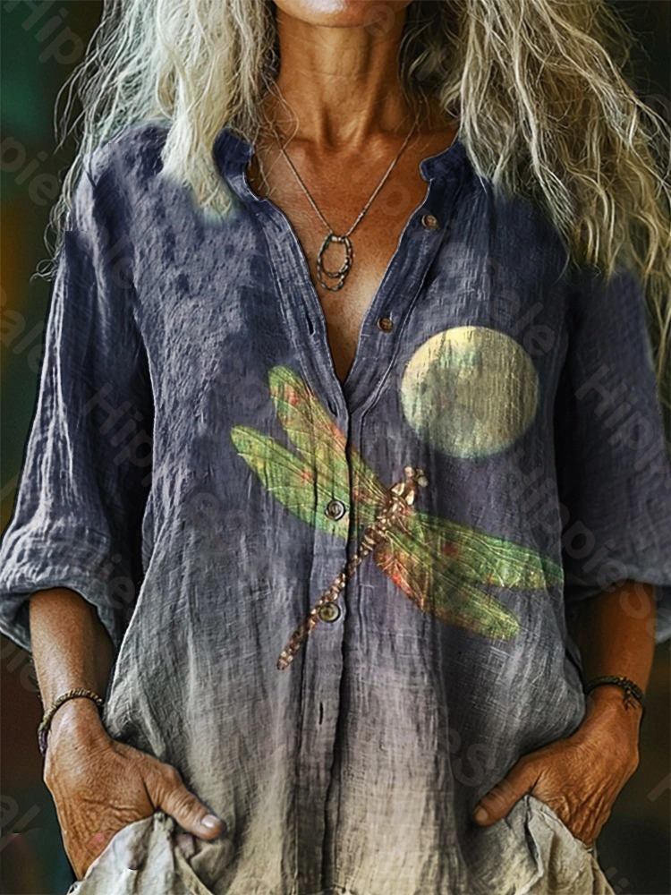 Women's Vintage Dragonfly Moon Art Print Casual Long Sleeve T-shirt