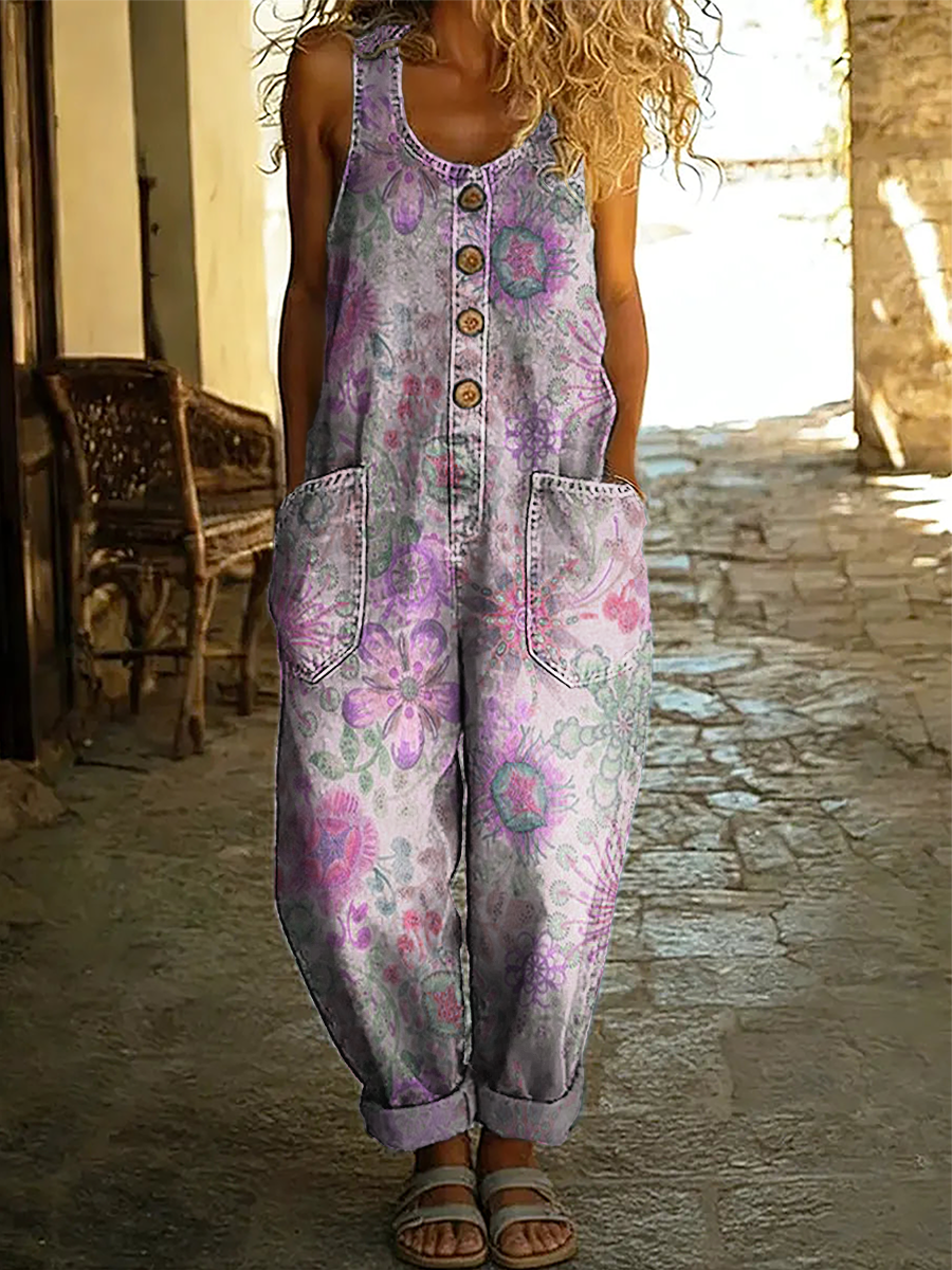 Women's Vintage Floral Art Print Sleeveless Washed Cotton Denim Jumpsuit