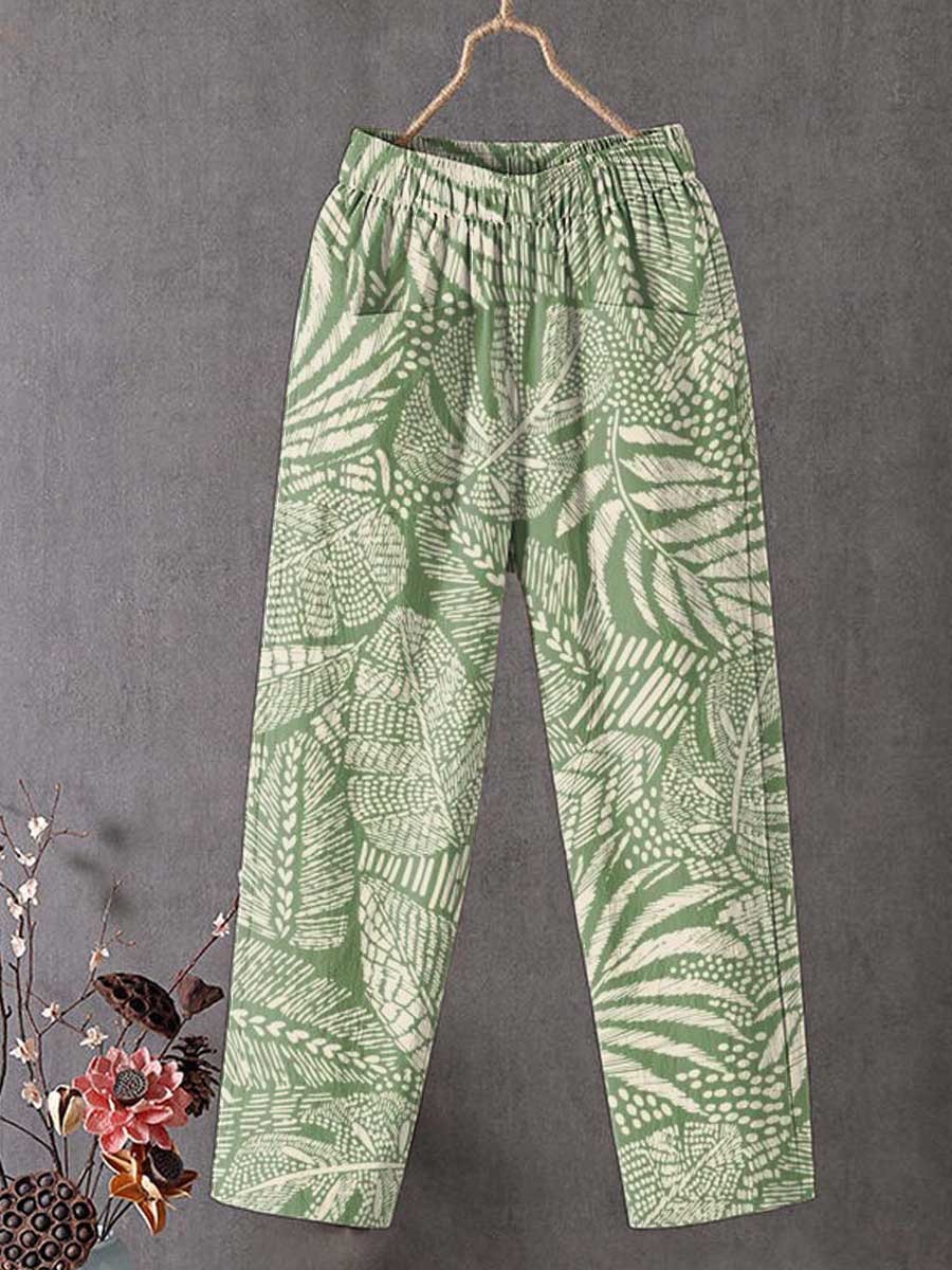 Women's Vintage Floral Art Printed Cotton And Linen Casual Pants