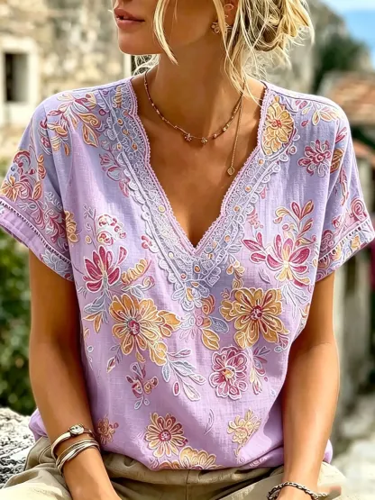 Women's Boho Floral Print Cotton V-Neck Top