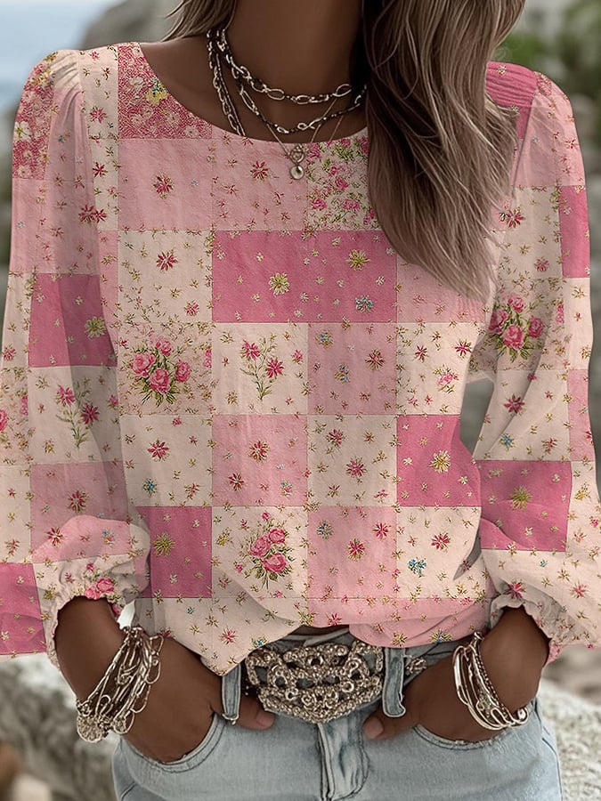 Women's Pink Artistic Crew Neck Pleated Top