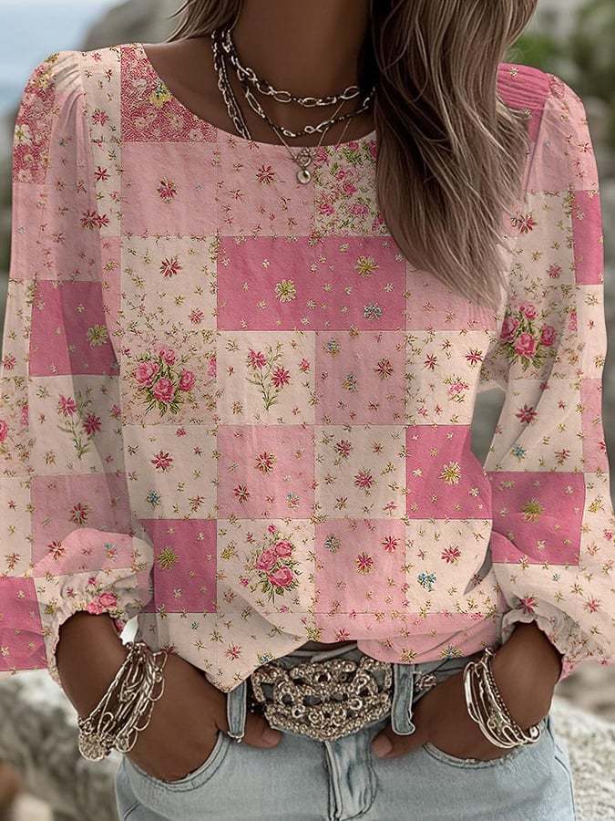 Women's Pink Artistic Crew Neck Pleated Top