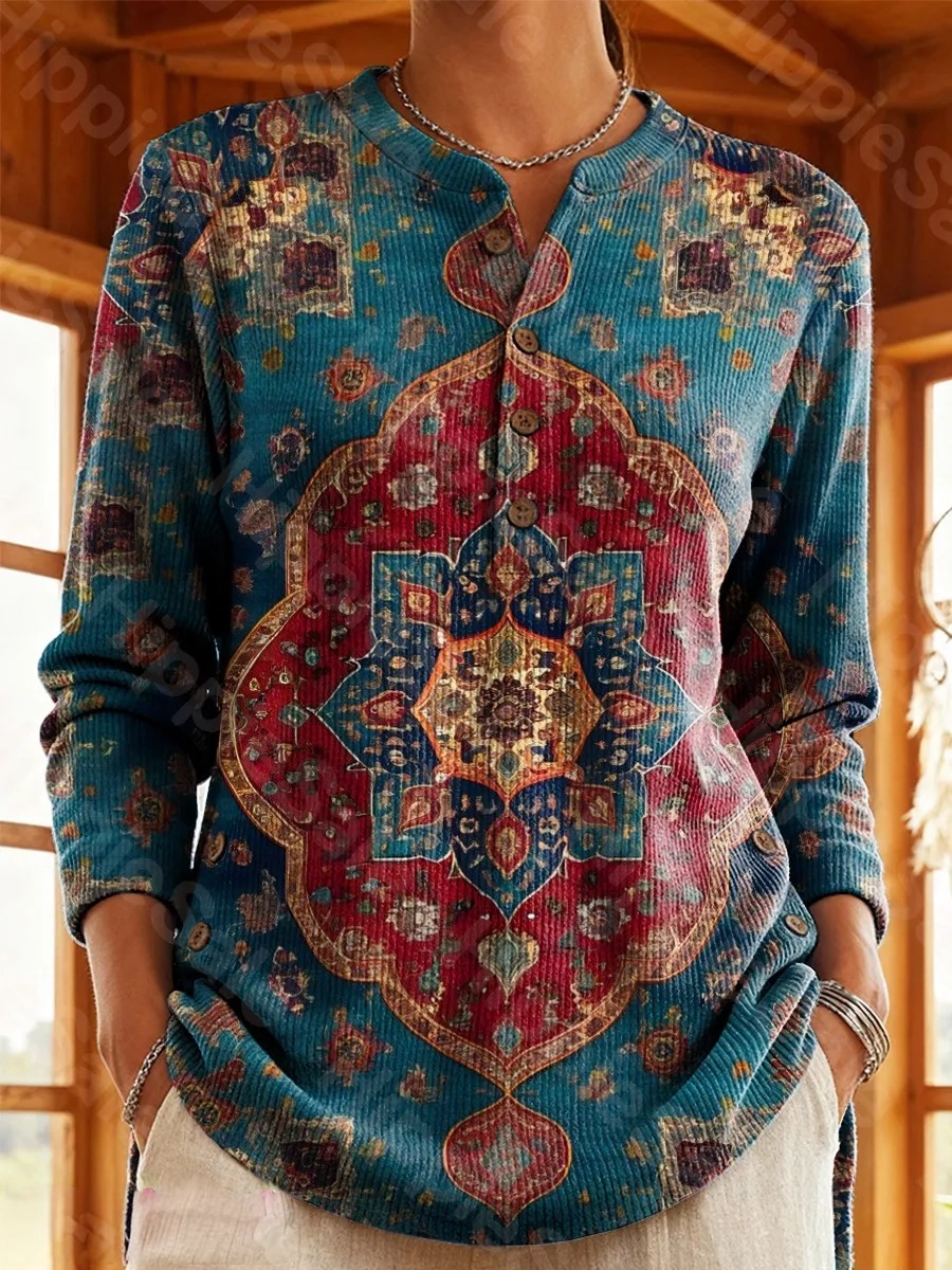 Women's Vintage Ethnic Pattern Art Print Casual Cotton Shirt
