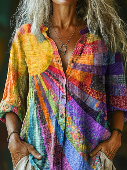 Women's Colorful Sun Collage Art Print Casual Cotton And Linen Shirt